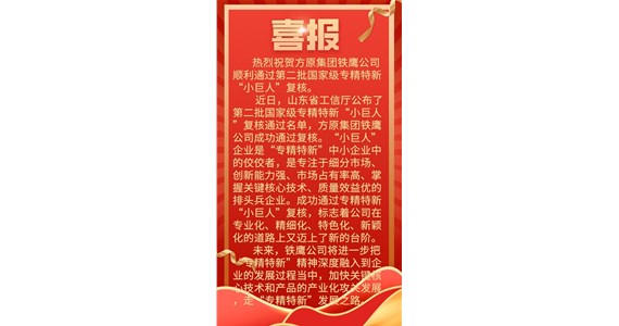 热烈祝贺方原集团铁鹰公司 顺利通过第二批国家级专精特新 “小巨人”复核。